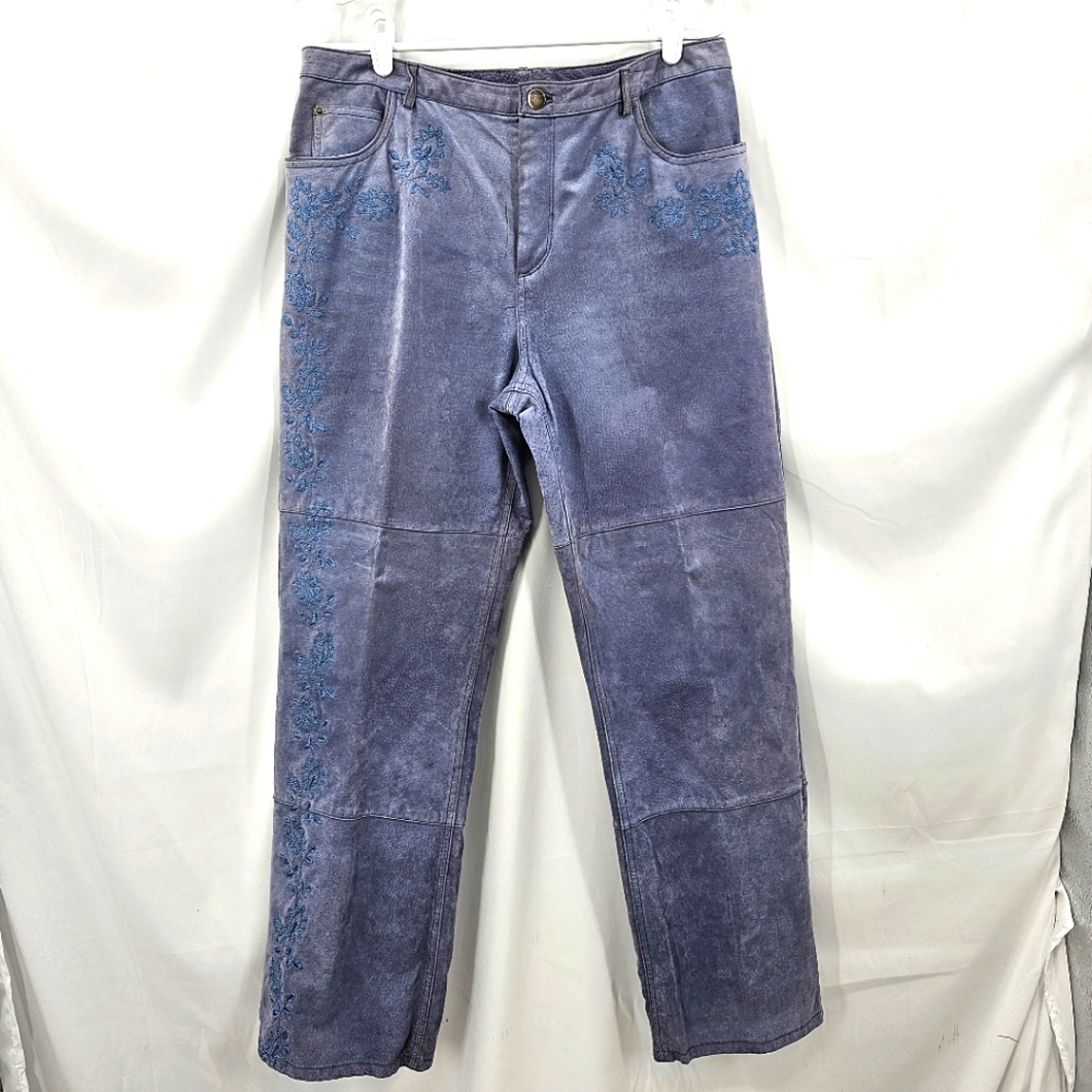 Womens Tyler Boe Blue Suede Leather Pants  Floral Embroidery‎ On Legs Size 14.